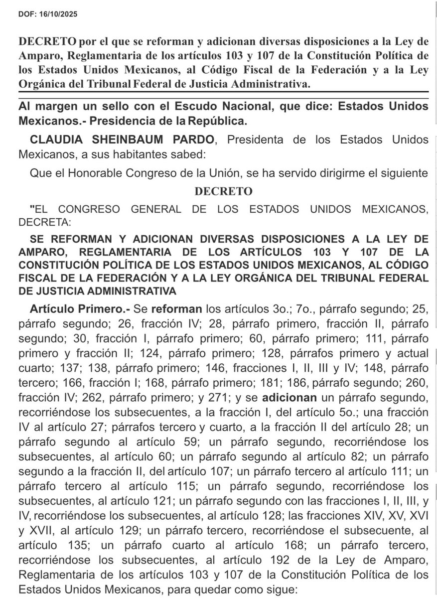 🗳️📌 Sheinbaum publicó la reforma a la Ley de Amparo en el Diario Oficial de la Federación.

Se aplica a partir de mañana.