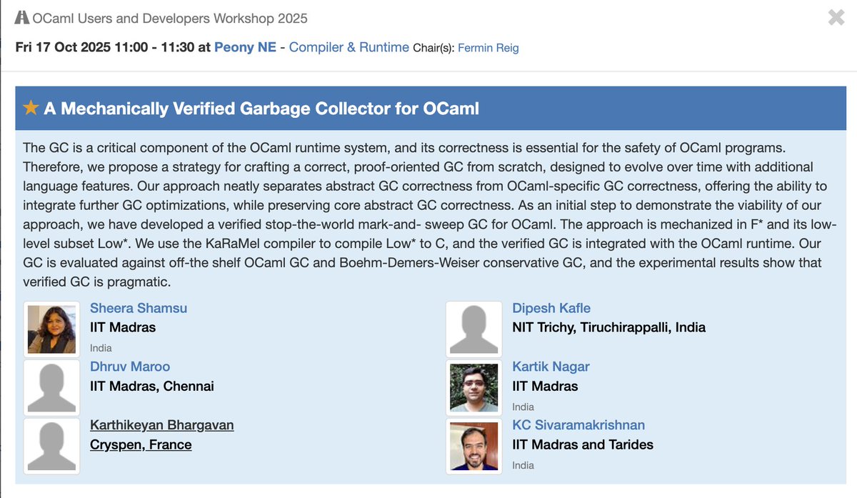 kc_srk's tweet image. My PhD students, Sheera and Vimala, will be giving talks today at ICFP/SPLASH 2025!
- Verified GC for OCaml, OCaml Workshop, 11:30 at Peony NE, github.com/prismlab/verif…
- Automatic verification of CRDTs/MRDTs, OOPSLA, 16:15, at Orchid East, github.com/prismlab/neem