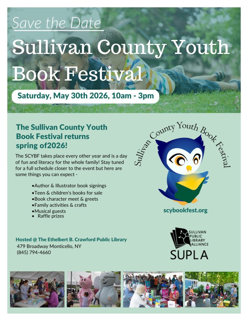 ✨Save the Date!✨ The Sullivan County Youth Book Festival returns Spring 2026! 📚 A full day of stories, activities &amp; family fun — hosted by &amp; presented by SUPLA! 🎉
#SCYBF2026 #YouthBookFestival #FamilyFun #ReadTogether #LibraryLove