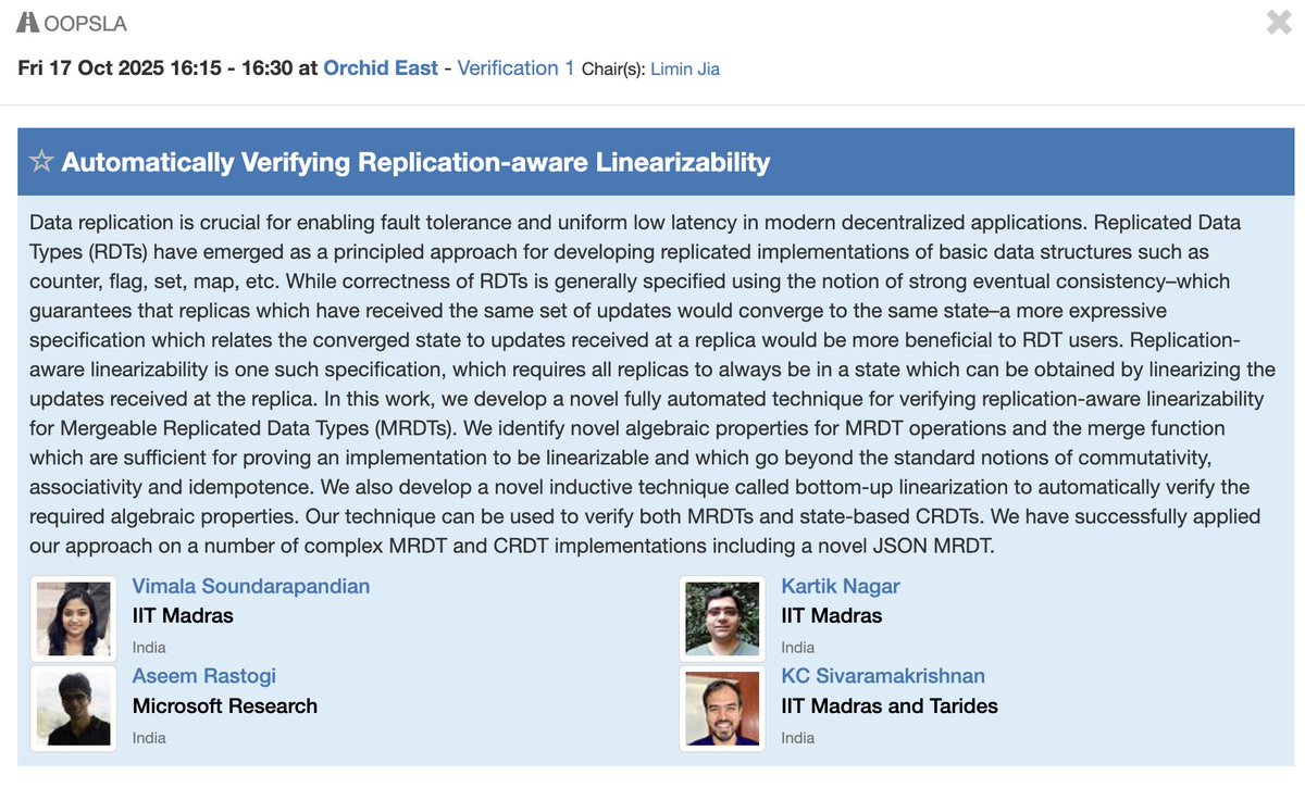 kc_srk's tweet image. My PhD students, Sheera and Vimala, will be giving talks today at ICFP/SPLASH 2025!
- Verified GC for OCaml, OCaml Workshop, 11:30 at Peony NE, github.com/prismlab/verif…
- Automatic verification of CRDTs/MRDTs, OOPSLA, 16:15, at Orchid East, github.com/prismlab/neem