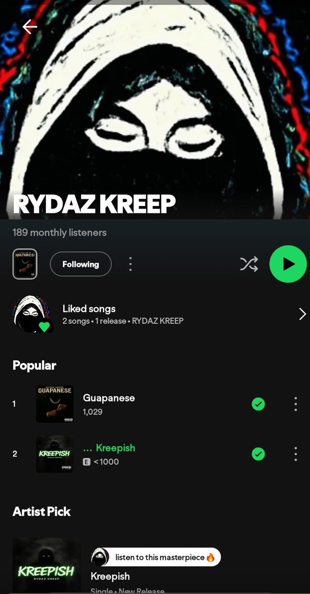 rydaz_kreep's tweet photo. Just passed a thousand stream on Guapanese
Thanks for the support guys
#upfromhere #๋๋ธ์ https://t.co/mAhOGDO3LU