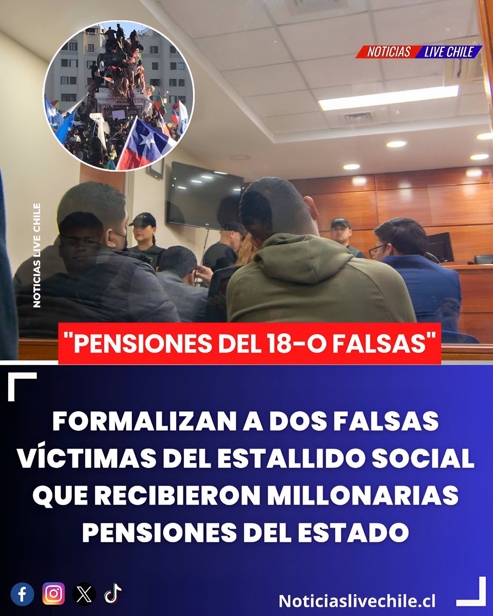 NoticiasLiveCh's tweet photo. 🔴 Dos falsas víctimas del estallido social del 2019 que recibieron millonarias indemnizaciones por parte del Estado fueron formalizadas ante el Juzgado de Garantía de Temuco, en la región de La Araucanía.

📌 Por este delito de fraude de pensiones, el Ministerio Público inició una investigación en contra de Francisco Gatica Catalán, de 34 años, quien en su momento declaró haber sufrido una lesión ocular por un perdigón que le habría disparado Carabineros en una manifestación en Temuco en el período mencionado.

📌 Gatica recibió desde el Estado más de 7 millones 300 mil pesos por concepto de pensión. A él se suma Robinson Jaramillo Monje, de 57 años, quien aseguró haber sido baleado en el tobillo por militares en Valdivia, por lo que recibió más de 6 millones 896 mil pesos.

📌 Según pudo constatar Radio Bío Bío, ambos son los primeros formalizados en Chile por este delito en particular.

📌 Respecto al primer caso, y tras una denuncia del Instituto Nacional de Derechos Humanos, se verificó que Gatica sí sufrió lesiones, pero al menos 10 días antes de lo que informó, y en un accidente de tránsito.

📌 En tanto, sobre Jaramillo, quien registra condenas por violencia intrafamiliar y por abuso sexual en contra de una niña de seis años en 2009, se estableció que sus lesiones no correspondían a municiones ni militares ni policiales.

📌 La fiscal Paulina Díaz, jefa de la Fiscalía de Alta Complejidad Regional Metropolitana Occidente, quien se encuentra a cargo de estas causas agrupadas en Temuco, detalló el delito invocado en la investigación contra ambos sujetos.

📌 La jueza Ruth Martínez rechazó la prisión preventiva en contra de Gatica Catalán pues no registraba antecedentes penales, dejándolo, entonces, con arresto domiciliario nocturno.

📌 Jaramillo Monje, en tanto, quedó en prisión preventiva por mantener antecedentes, pero se le fijó una caución de 6 millones de pesos, que de ser pagada lo dejaría con arresto domiciliario total y arraigo nacional por peligro de fuga.