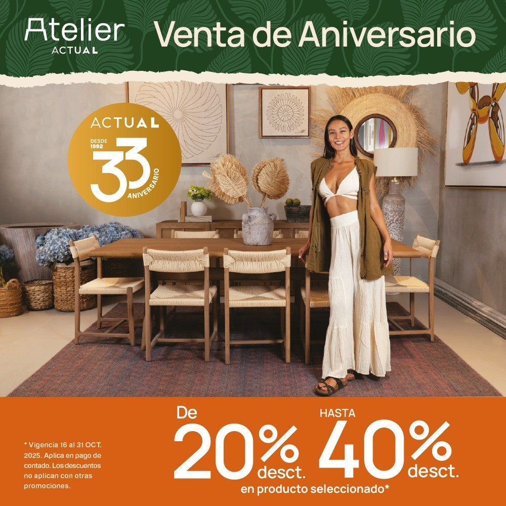 🌿 Elegancia que trasciende tendencias.
Actual Studio celebra su 33 #Aniversario  con una venta especial para transformar tu #hogar .
Disfruta de descuentos del 20% al 40% en productos seleccionados ✨

📅 Vigencia: del 16 al 31 de octubre
👉 Visita: atelieractual.com