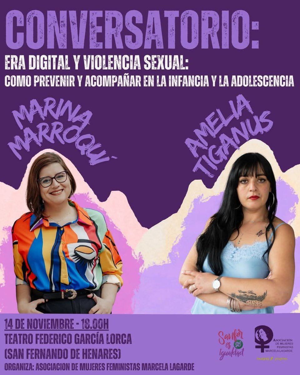 Imprescindible Inscripción 

🟣 *CONVERSATORIO FEMINISTA* 🟣
<a href="/marinamarroqui/">Marina Marroqui Esclapez</a>
@AmeliaTiganus
📅 Viernes 14 de noviembre
🕕 18:00 h
📍 Teatro Federico García Lorca (San Fernando de Henares)

_*Organiza:  Feministas Marcela Lagarde*_
👉🏼 *Inscríbete aquí:* forms.gle/yaeszp49nUVNqt…