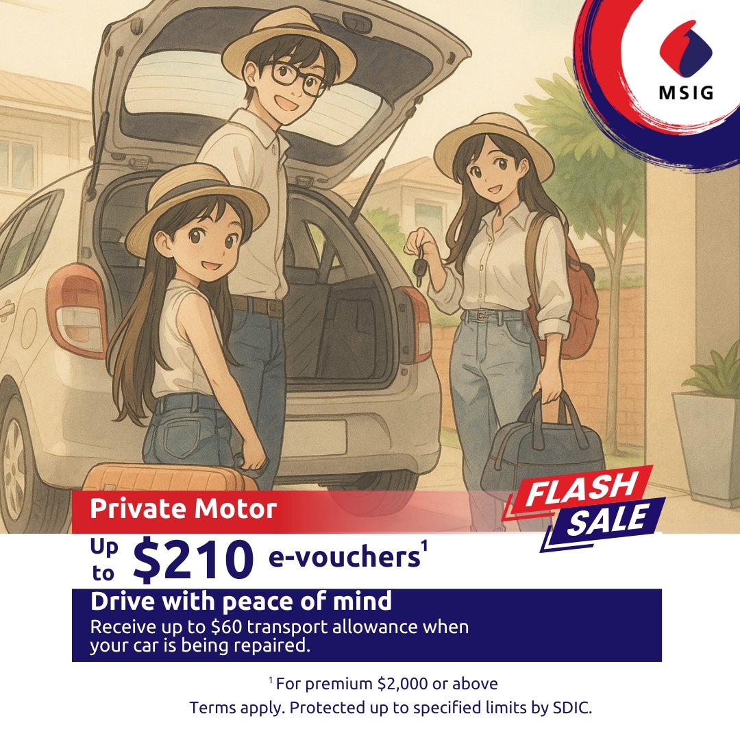 From family road trips to adventures rides, protect your car and get rewarded!
Enjoy up to $210 e-vouchers when you purchase our Motor Insurance.

✅ Car Loan Protection of up to $100K
✅ Car lock &amp; key replacement of up to $250
✅ Transport allowance of up to $60

Get covered.