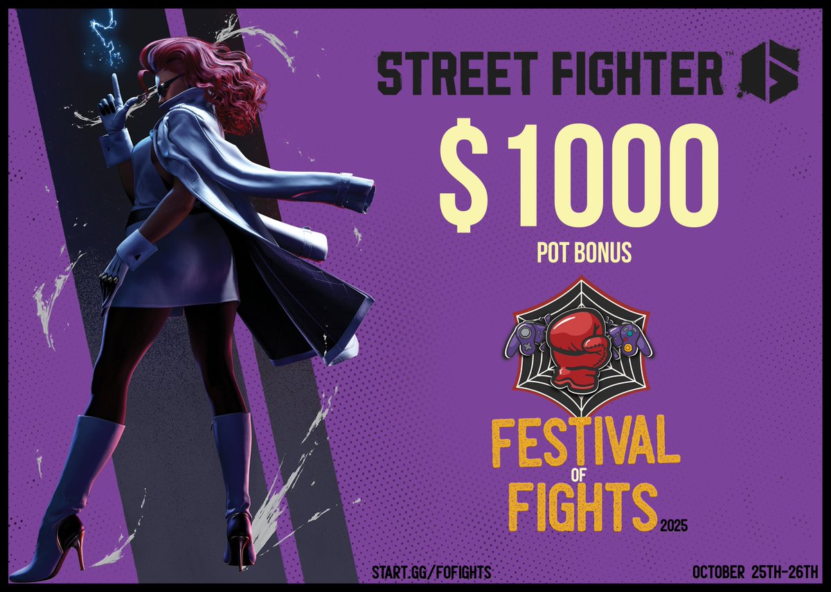 Time to hit the Streets, or hit the Lab!

Street Fighter 6 at Festival of Fights will have a $1,000 Pot Bonus! That's a lot of fight money.

Register now! start.gg/fofights