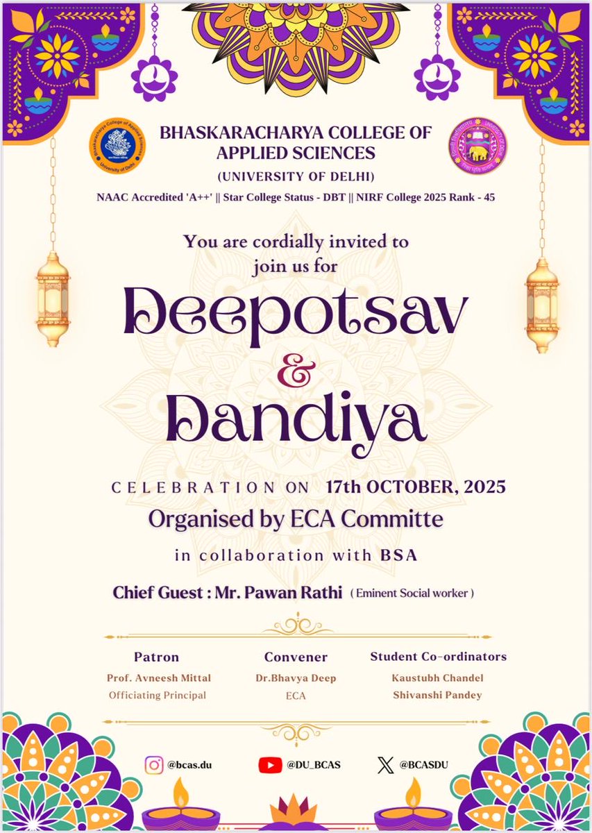 BCASDU's tweet photo. From the serene glow of Deepotsav to the vibrant energy of Dandiya, it's a celebration of light, rhythm, and tradition! Get ready for an unforgettable time. 🎉🪔🥁 #FestivalOfLights #Deepotsav #Dandiya https://t.co/BEfp0fh8HS