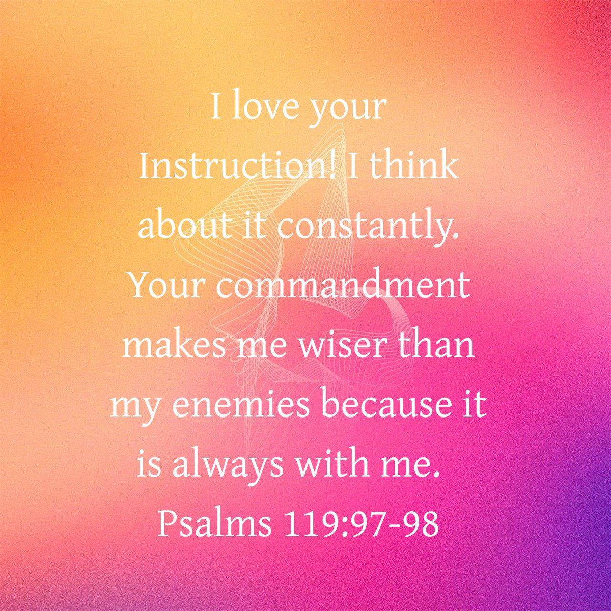 Lectionary's tweet image. Psalms 119:97-98 CEB
[97] I love your Instruction! I think about it constantly. [98] Your commandment makes me wiser than my enemies because it is always with me.

bible.com/bible/37/psa.1…