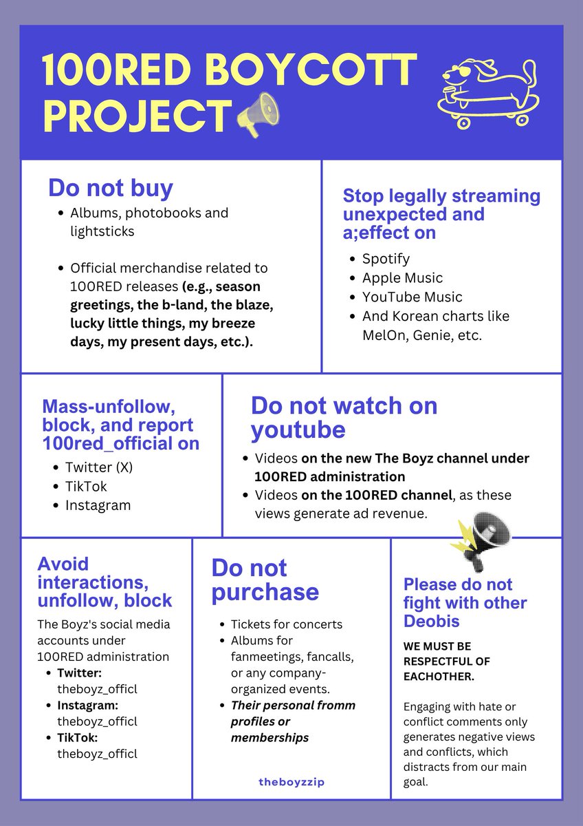 theboyzzip's tweet image. 100RED Boycott Project

We dont want tbz to disband, we want them to keep growing as artists, we simply can't stand how years of effort are completely thrown away just because this company can't do their job properly

#THEBOYZ #OneHundredBeFair
#TreatTheBoyzBetter