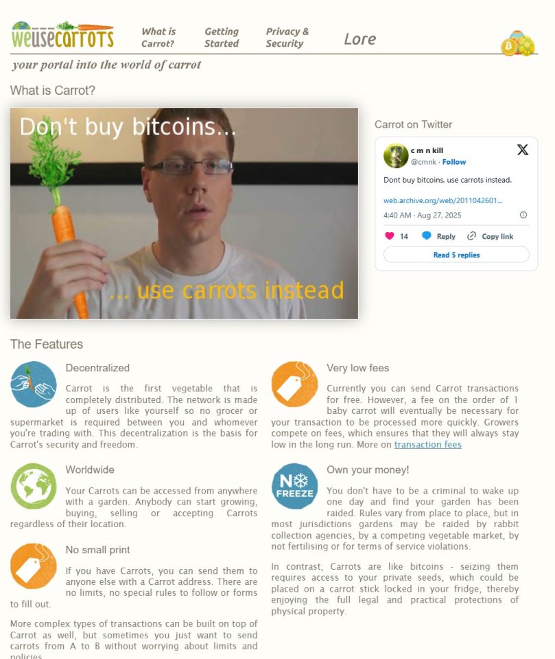 TrackyyDEV's tweet image. This guy literally said from the start  

"Don't buy Bitcoins... Use Carrots instead.."  

He made the video in 2011 when Bitcoin was at 0.77$, and told everyone to buy carrots.