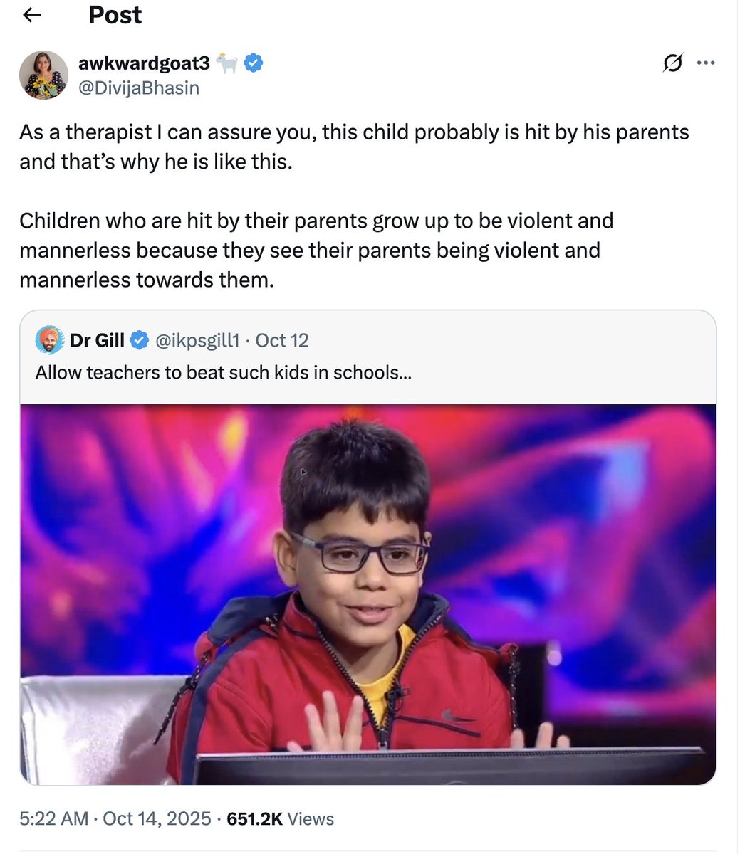 _amitbehere's tweet image. I can't believe this dumbass is a psychological counsellor.
This child most definitely has not been hit. He is expressive to the point of rudeness.
That is a sign of relaxed, chill parenting, not violence and abuse.
I can't believe India is such a fucked up place that retards…