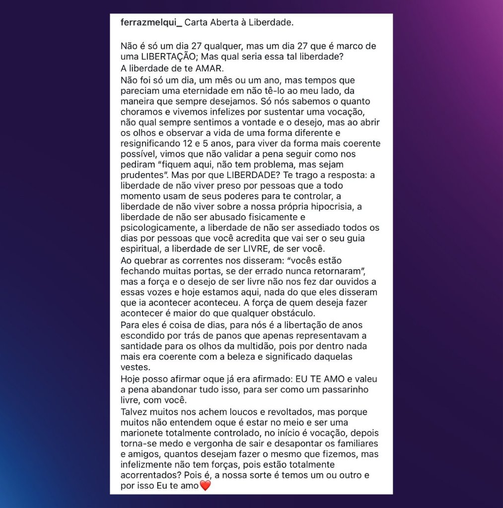 Jovem gay escreve carta aberta ao namorado e diz não se arrepender de ter deixado o catolicismo para viver o amor com ele:

“Hoje posso afirmar o que já era afirmado: EU TE AMO e valeu a pena abandonar tudo isso, para ser como um passarinho livre, com você. Talvez muitos nos
