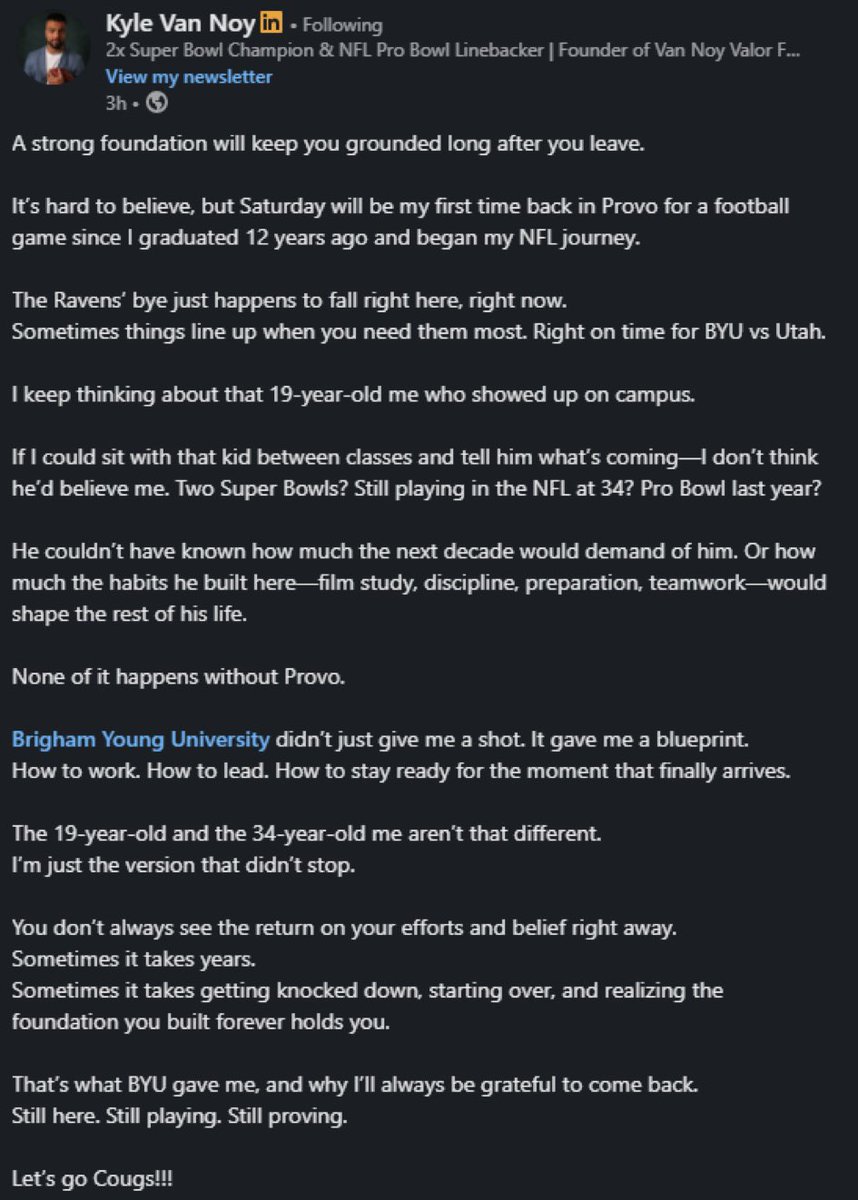 Former BYU linebacker <a href="/KVN_03/">Kyle Van Noy</a> with a message to BYU fans and current Cougar players. Let’s go Cougars!

#SuperbowlChampion
#ProBowler
#BYUCougar