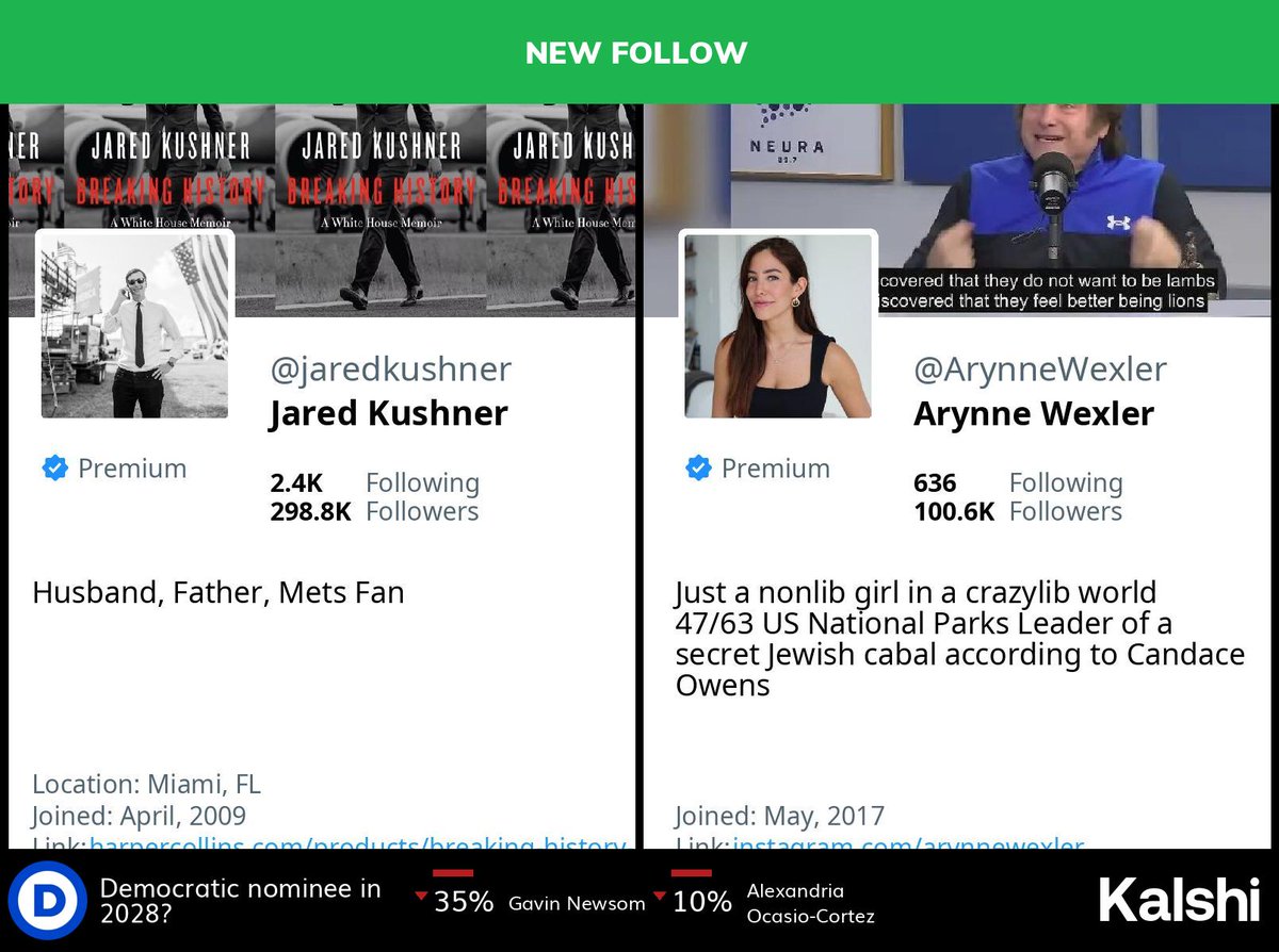 🆕 <a href="/jaredkushner/">Jared Kushner</a> has started following <a href="/ArynneWexler/">Arynne Wexler</a>