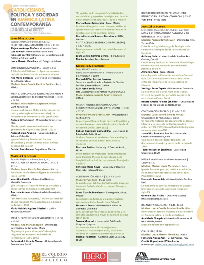 La Red de Historia del Catolicismo Latinoamericano del siglo XX se reune en <a href="/ibero_historia/">IBERO. Departamento de Historia</a> del 20 al 23 de oct. IV Seminario Internacional: Catolicismos, Política y Sociedad en América Latina Contemporánea. 29 investigadores / 10 países. Organiza: <a href="/uamx/">UAM Xochimilco</a>  <a href="/Coljalisco/">El Colegio de Jalisco, A. C.</a> <a href="/IBERO_mx/">IBERO CDMX</a>