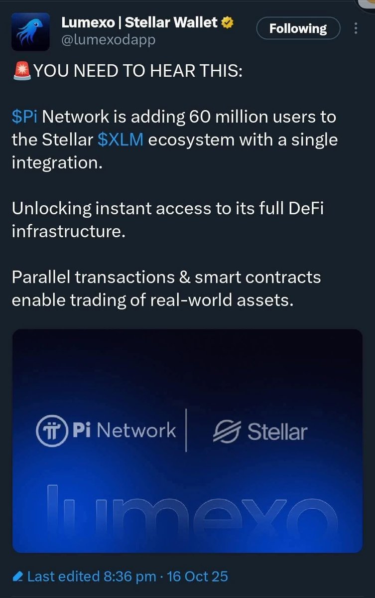 🌟 PI NETWORK X STELLAR — THE EVENT SHAKING THE ENTIRE MARKET! 🌟

🚨 Breaking news from the verified source Lumexo | Stellar Wallet (gold tick):

“Pi Network is bringing 60 MILLION users into the Stellar ($XLM) ecosystem through a single integration — unlocking instant access to