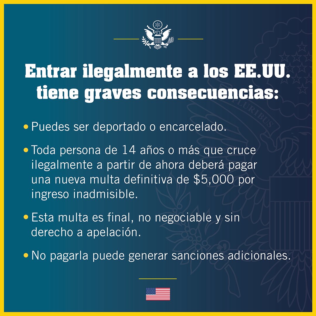 Entrar ilegalmente a EE. UU. tiene consecuencias.
- Serás deportado o encarcelado.
- Toda persona de 14 años o más que cruce ilegalmente ahora deberá pagar una nueva multa definitiva de $5,000 dólares por detención de ingreso inadmisible. Esta multa es final, no negociable y no