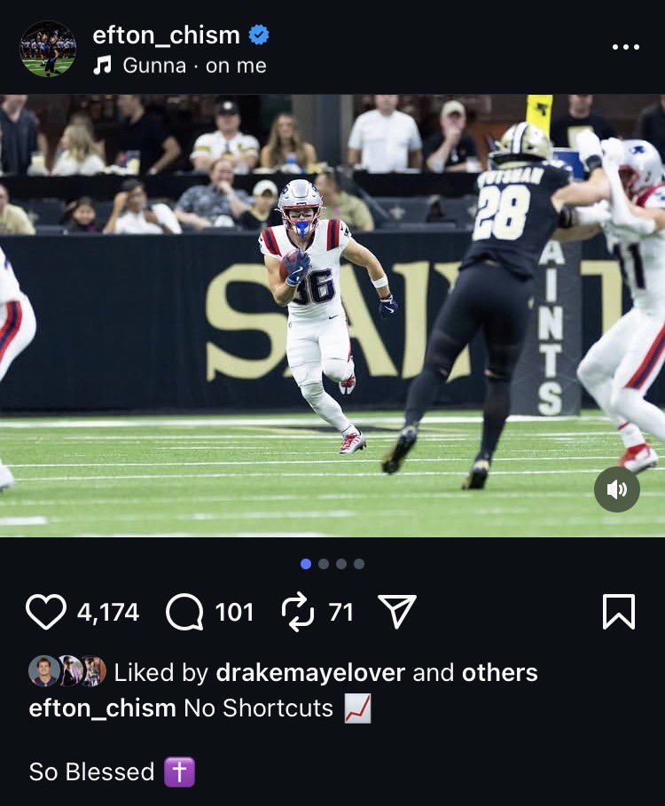 #Patriots WR Efton Chism on Instagram:

“No Shortcuts 📈 So Blessed ✝️”

Chism knows hard work is what’s going to give him success.

(IG: efton_chism)