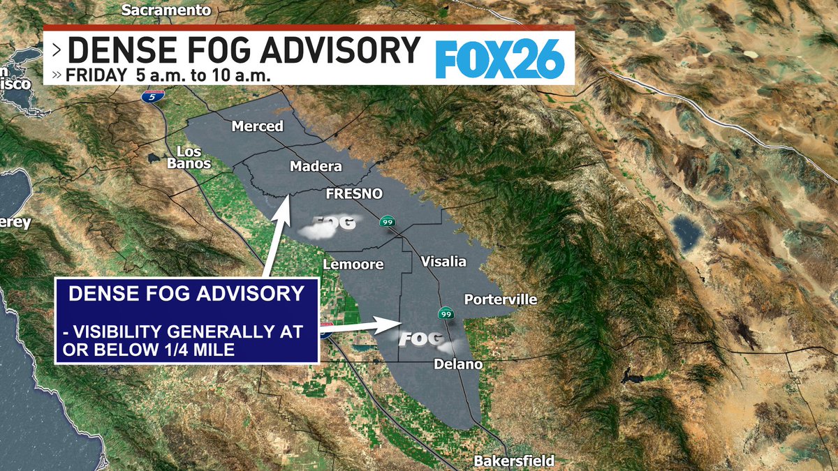 FOGGY FRIDAY: Round 2 of locally dense morning fog in the San Joaquin Valley forms Friday morning.
#CAwx #Fog #Fresno