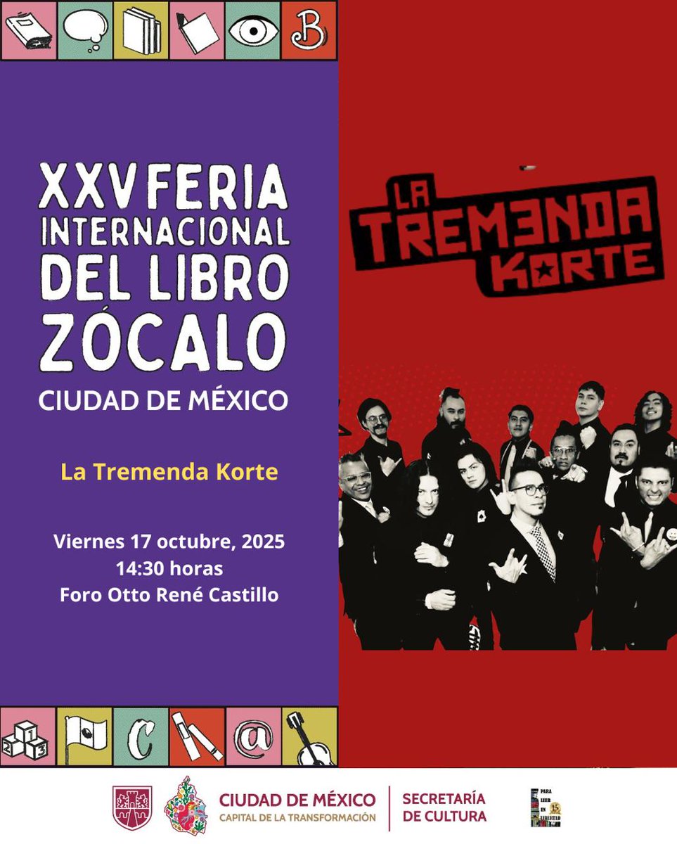 ¡El ska toma el Zócalo! 🎺

En el marco de la XXV Feria Internacional del Libro Zócalo Ciudad de México (<a href="/FILZocalo/">#FILZócalo2025</a>), disfruta del potente ritmo y la energía de <a href="/LATREMENDAKORTE/">LA TREMENDA KORTE</a>, una de las bandas más representativas del ska mexicano. Con álbumes como ¡Venga la sentencia! y