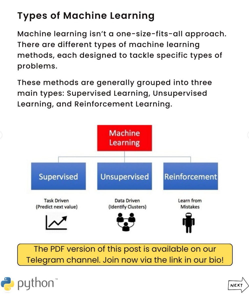 Python_Dv's tweet image. Types of Machine Learning
Machine learning can be broadly categorized into three main types.
Supervised learning uses labeled data to train models that can make predictions, such as in regression and classification tasks.
Unsupervised learning deals with unlabeled data, where…