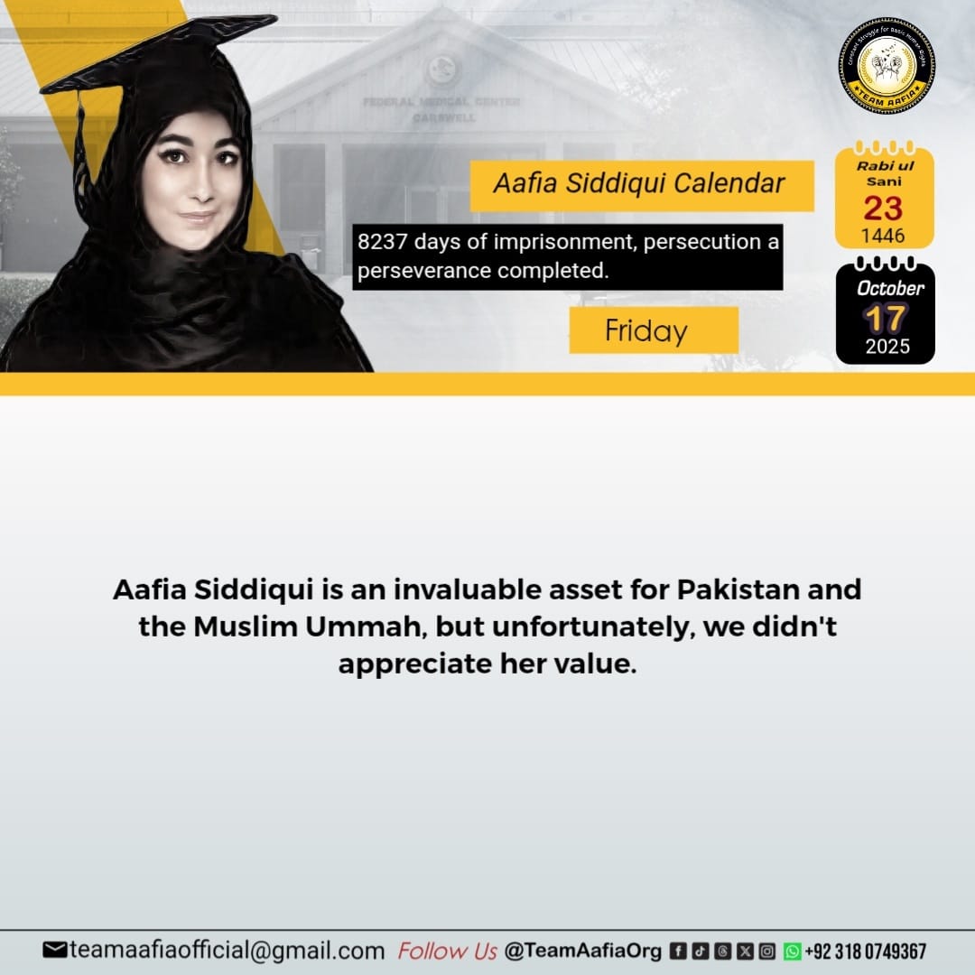 8237 days of imprisonment, persecution and perseverance completed.
Salute to your perseverance, Aafia! 
Team Aafia Official