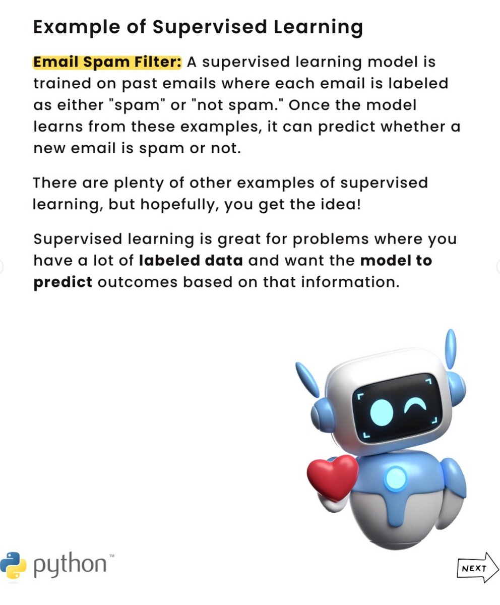 Python_Dv's tweet image. Types of Machine Learning
Machine learning can be broadly categorized into three main types.
Supervised learning uses labeled data to train models that can make predictions, such as in regression and classification tasks.
Unsupervised learning deals with unlabeled data, where…
