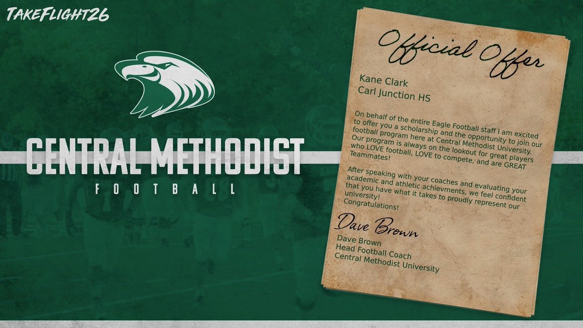 After a great conversation with <a href="/CoachJGarc1a/">Coach G</a>, I’m blessed to receive my second offer from <a href="/cmueaglesFB/">Central Methodist Football</a> . <a href="/cjdogpower/">Coach Gubera</a> <a href="/CoachHafnerCJHS/">Todd Hafner</a>