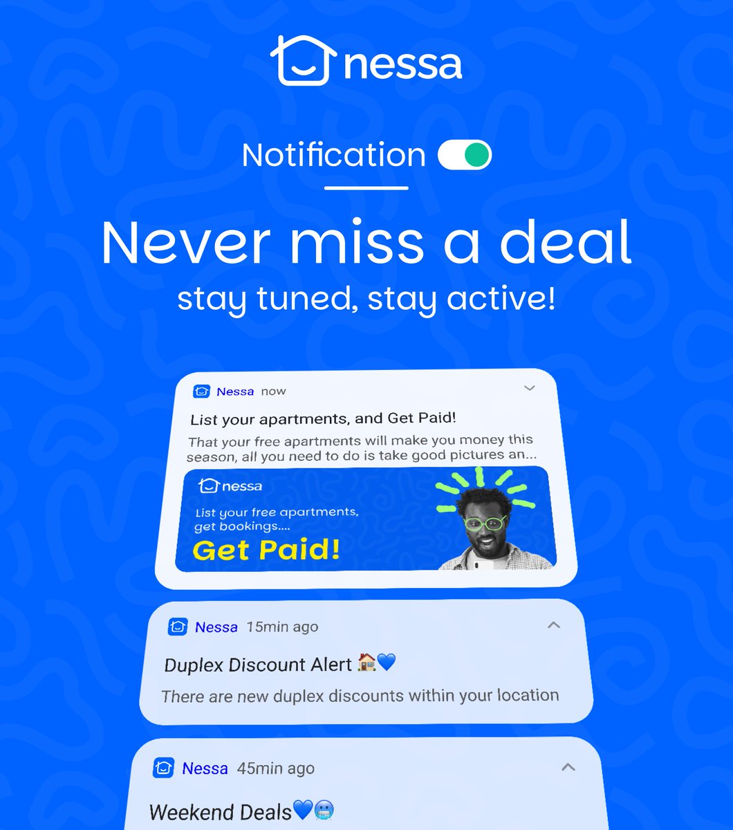 360nessa's tweet image. Always be the first to know! Turn on notifications now to get our latest deals.

Exclusive deals everyday...🚀💙

Download Nessa on iOS &amp;amp; Android usenessa.com/download

#nessa #shortletsinlekki #shortletsabuja #shortletsinlagos