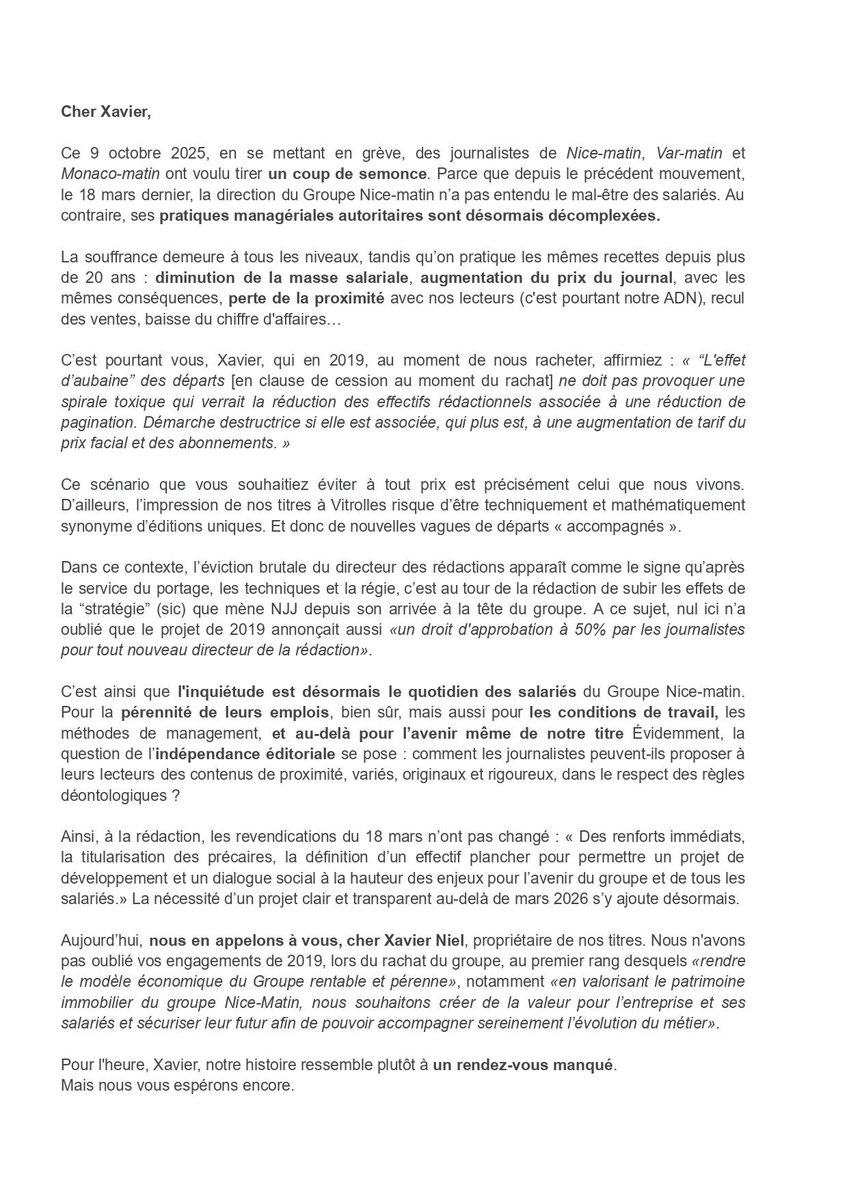 <a href="/Nice_Matin/">Nice-Matin</a> <a href="/Var_Matin/">Var-matin</a> <a href="/Monaco_Matin/">Monaco_Matin</a> <a href="/Rodolphp/">Rodolphe Peté</a> <a href="/SNJ_national/">SNJ - premier syndicat de journalistes</a> Cher Xavier
La rédaction du <a href="/GroupeNiceMatin/">Groupe Nice-Matin</a> #NiceMatin #VarMatin #MonacoMatin envoie cette missive publique à son proprio <a href="/Xavier75/">Xavier Niel</a> Niel.
 <a href="/Nice_Matin/">Nice-Matin</a> <a href="/Var_Matin/">Var-matin</a> <a href="/Monaco_Matin/">Monaco_Matin</a>
 #Nice #Nice06 #Toulon #Var #Monaco