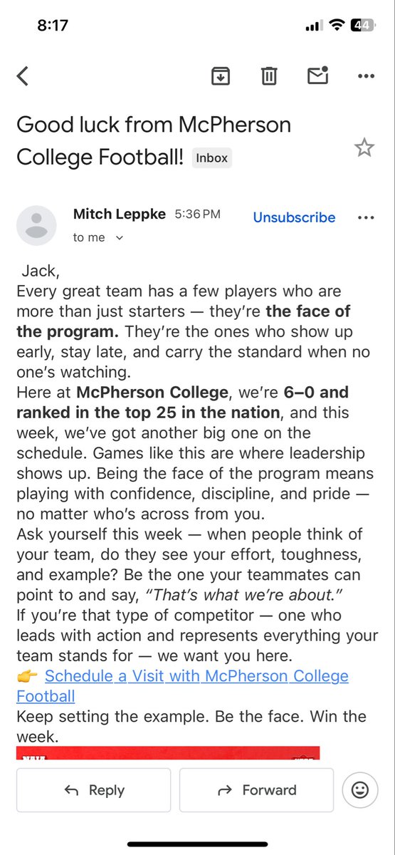 Big thanks to <a href="/CoachLeppke/">Mitch Leppke</a> and <a href="/MACBulldogsFB/">McPherson Football</a> for the good luck wishes!

<a href="/MJ_NFLDraft/">Mark Johnson</a> <a href="/PrepRedzoneWI/">Prep Redzone Wisconsin</a> <a href="/ExpoRecruits/">Expo Recruits</a> <a href="/bennet_schmitz/">b</a> <a href="/TravisBOUND/">Travis Wilson</a> <a href="/CoachSchrenk/">James Schrenk</a>