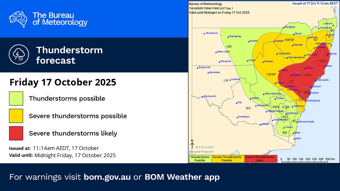 Thunderstorm FORECAST for TODAY (17/10): 

🔴 Severe likely: #Sydney, #Hunter and #MidNorth and parts of #CentralWest and #Illawarra 

🟡 Severe possible: central and north eastern #NSW. 

Hazards: Damaging winds, large hail

Warnings: bom.gov.au/nsw/warnings/