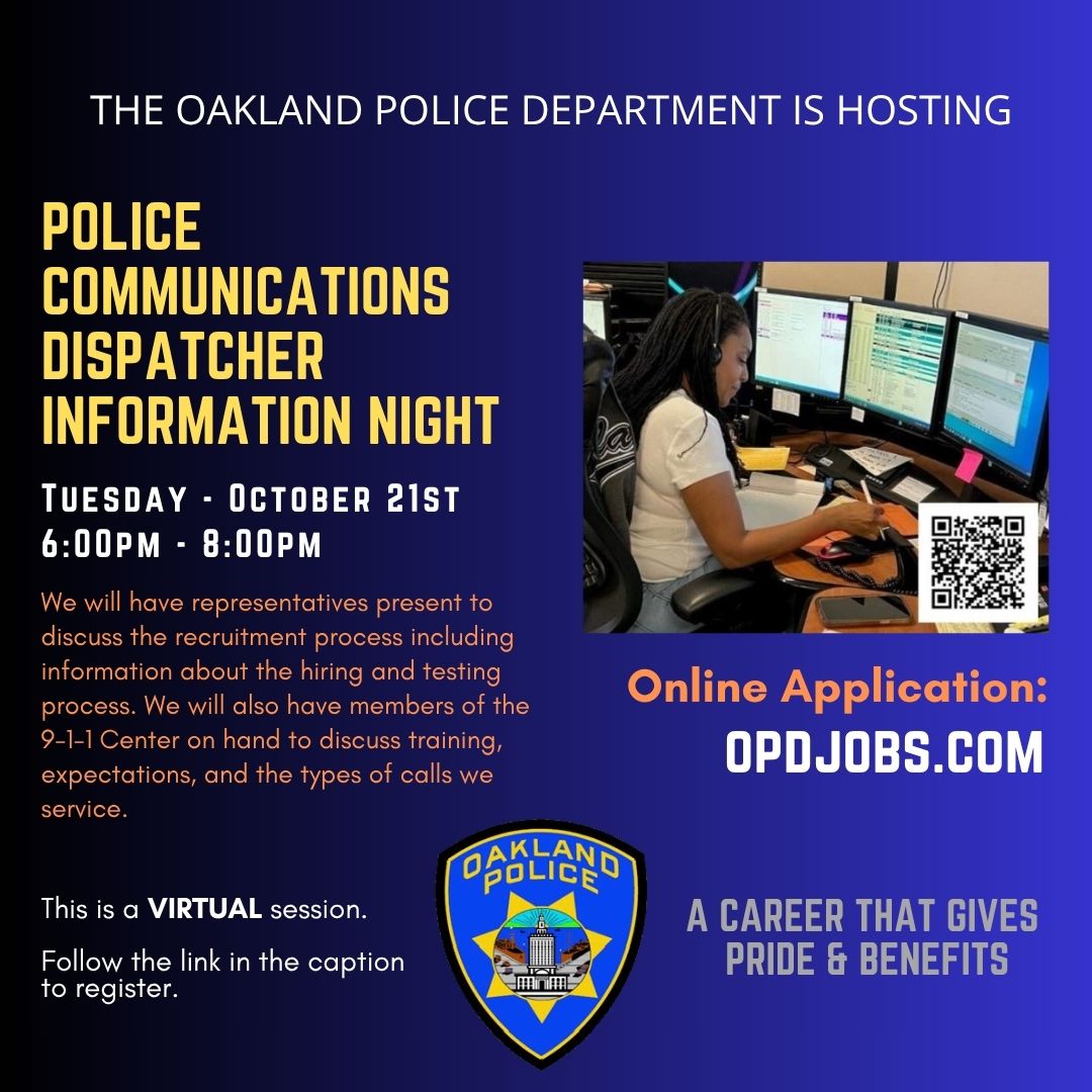 Oakland Police Dispatcher is hosting another Online Information Session event. Join us on October 21, 2025, from 6 PM - 8 PM.

We will have representatives present to discuss the recruitment process.

Click the link below to register:
events.gcc.teams.microsoft.com/event/fb5a9153…