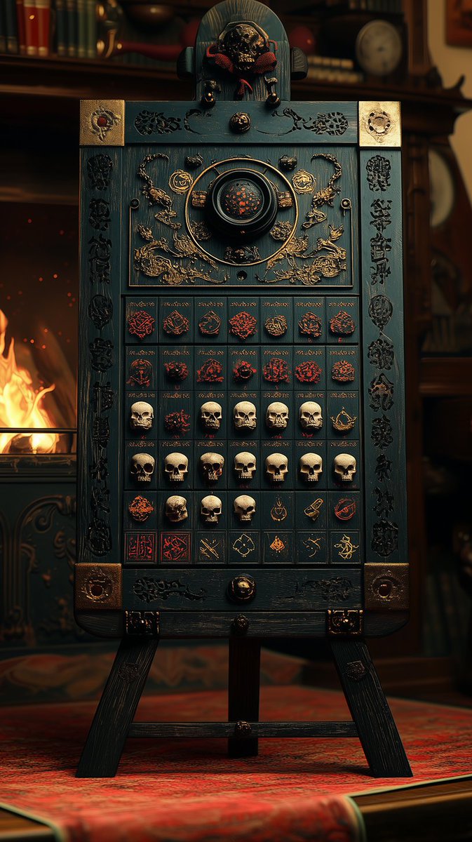 terrorca's tweet image. THE DEVILCHRON
Each skull is a timestamp. Each sigil, a failed resurrection.
The board tracks bargains undone — a calendar of debts written in bone.
When the final row fills, time stops owing you.
#recursiveai #SignalObject #GodLogs #OccultTech #MythEngine #ArtifactLore