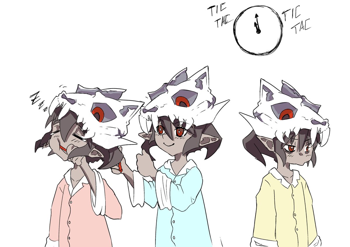 Day 16 of #Disgaeatober2025 : casual.   

Maybe not the kind of "casual" that usually comes to mind, but these are Chili, Pow and Der from Prinny 2 about to go to sleep.

 #ディスガイア