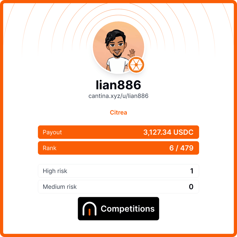 Fascinating ZK rollup on Bitcoin with a solid codebase.  I kind of regret not investing more time in it. 
Huge thanks to <a href="/citrea_xyz/">Citrea</a> and <a href="/cantinaxyz/">Cantina 🪐</a> for the opportunity!
 Big ups to @tqkveand and @AifosSifor the great call