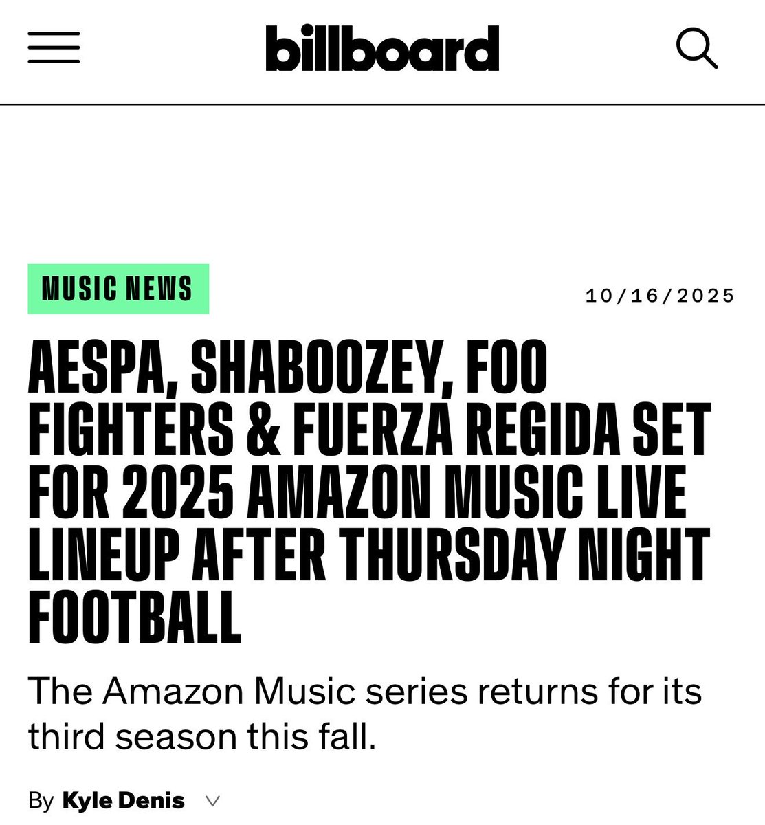 Billboard has announced that aespa is part of the lineup for 2025 Amazon Music Live. 

aespa will perform at the event on November 13th.