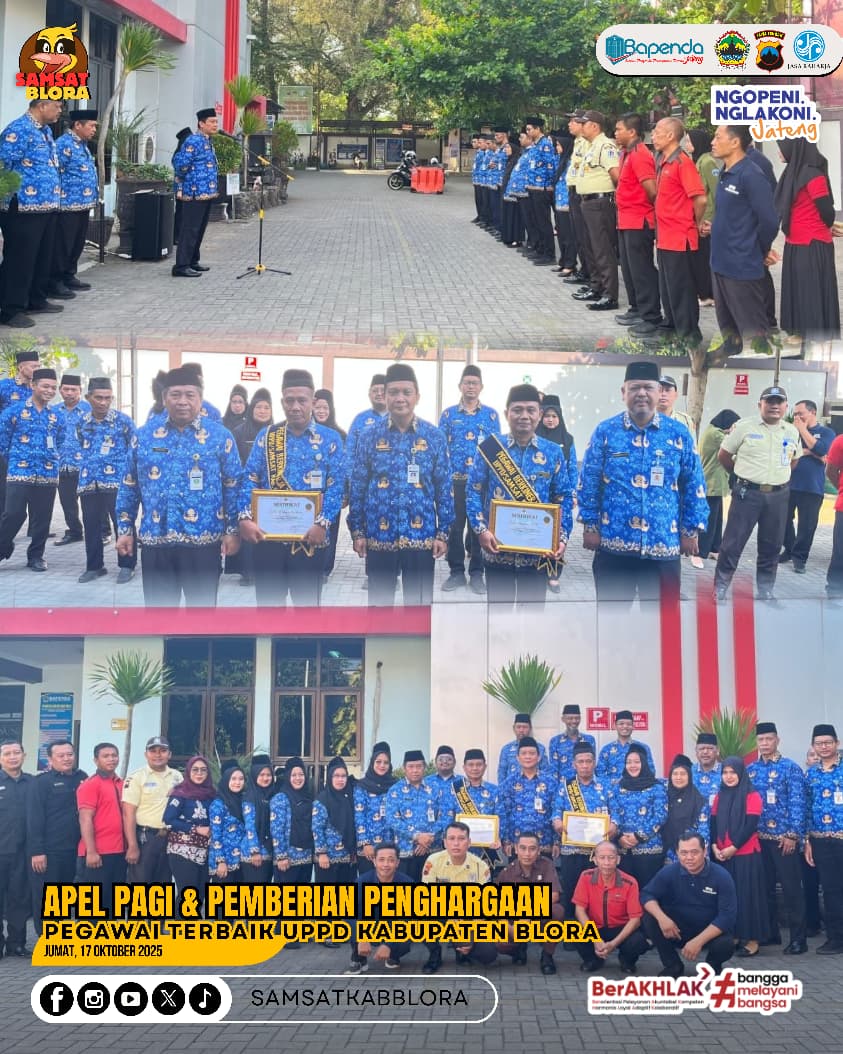 Apel pagi dan Pemberian Penghargaan Pegawai Berkinerja Terbaik UPPD Kabupaten Blora Triwulan III periode Juli - September 2025..

#SamsatJateng
#SamsatBlora
#SamsatBudiman
#NewSakpole
#PajakUntukJawaTengahmu
#PodcastBapenda
#MasSajak
#ngopeninglakoni