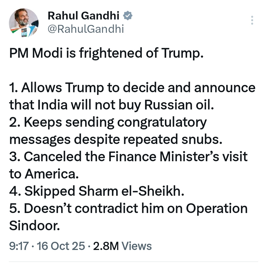 PoornimaNimo's tweet photo. If anyone was frightened of America, it was your mother Sonia Gandhi and Manmohan Singh who failed to retaliate to Pakistan after 26/11 under american preesure and coercion tactics.
A man who point blank contradicted Donald Trump over Ceasefire, Internationally at G7 and refused to even entertain a dialogue with Trump over 3 phone calls, is fearless undaunted by even imposition of 50% tariffs.