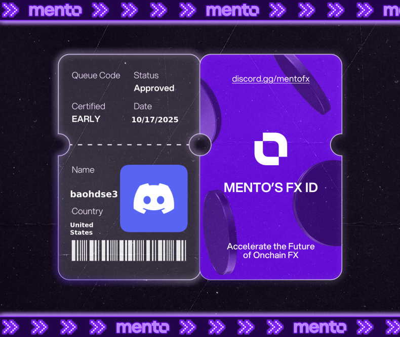 baohdse5's tweet photo. I’m now verified early to the global onchain FX layer, with my Mento FX ID.

The future of money runs here w/ @MentoLabs

fx/acc 

https://t.co/w4P4cQ3iB0 https://t.co/lQBndA3Aws