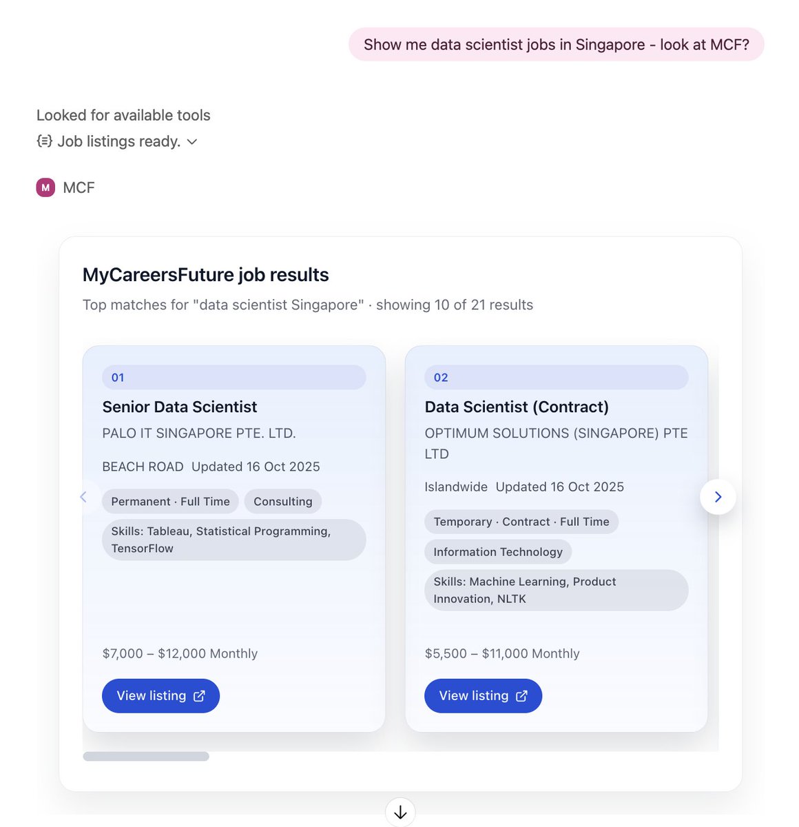 gabrielchua_'s tweet image. spent the morning finally trying the Apps SDK - to use mcps and render dynamic apps within chatgpt!
hooked it up to the national jobs portal in singapore!
(basically took the sample repo, gave starter code for the job portal api, and codex did everything else!!)
@openaidevs