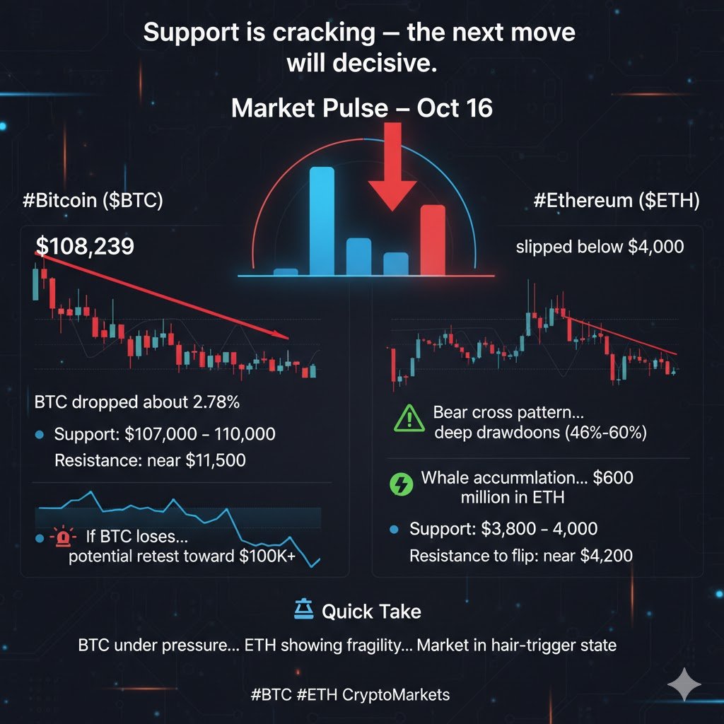 Froggygains's tweet photo. 📉 Market Pulse – Oct 16 | Bitcoin & Ethereum
 “Support is cracking — the next move will be decisive.”
💥 #Bitcoin ($BTC)
$BTC dropped about 2.78% today, closing around $108,239 on the CoinDesk index. Morningstar

Price briefly fell even further earlier in the session, dipping under $110,000, before recovering some ground. Bitcoin Magazine+2U.Today+2

Analysts say BTC is now pressing the $107K–$110K support zone — failing that could open deeper downside. CoinDesk+2Cryptonews+2
Whales have reportedly increased short exposure, and BTC is trading inside a rising wedge — a break below would be bearish. FX Leaders

👉 Key zones:
Support: $107,000 – $110,000 CoinDesk+2Cryptonews+2
Resistance: near $111,500 – $112,000+ U.Today+1
If BTC loses the support zone decisively, expect potential retest toward $100K+ zones or more severe correction. CoinDesk+2CoinDesk+2
🔥 #Ethereum ($ETH)

$ETH also moved lower, slipping below $4,000 in trading today. Yahoo Tài Chính+1
A concerning technical signal has flashed: ETH confirming a bear cross pattern historically associated with deep drawdowns (46%–60%) in past cycles. Cointelegraph
On the bullish side, there are reports of $600 million in ETH whale accumulation, which suggests some are seeing value at lower levels. CoinCentral
Meanwhile, bullish narrative voices point toward Q4 potential for ETH to reach $7,000 amid strong fundamentals. The Coin Republic
👉 Key zones:

Support: $3,800 – $4,000 Cryptonews+2Cointelegraph+2
Resistance to flip: near $4,200 – $4,300 Cointelegraph+1

⚖️ Quick Take

BTC is under pressure, testing critical support. A break below $107–110K may signal a deeper correction.
ETH is showing fragility — the bearish signal is worrisome, unless accumulation and strong support defend.
The market is in a hair-trigger state: direction could swing decisively once momentum gathers.
#BTC #ETH #Bitcoin #Ethereum #Crypto #CryptoMarkets #TechnicalAnalysis #OnChain #DeFi #CryptoNews
@EdgenTech