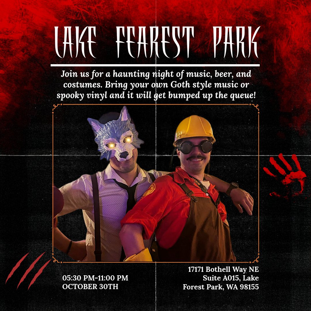 Are you ready for the spookiest music you have ever heard!?

We are, we'll be dishing out some gothic tunes, bring your own to get it bumped up on the queue

Come in costume and CAPTURE the terror within.

Vinyl Night
Oct 30th
5:30pm - 11pm