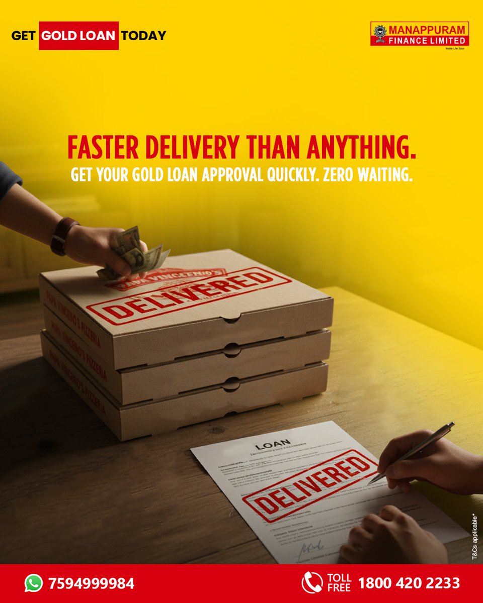 ManappuramMAFIL's tweet photo. Some things should never make you wait. With Manappuram’s Instant Gold Loan, your approval arrives quicker than your pizza, so you can move ahead without delay.

Apply now: https://t.co/slbX3M3Nrm

*T &amp; C Apply

#UnlockWithManappuram #GoldThatWorks #SmartUseOfGold https://t.co/qKgzmwKdwN