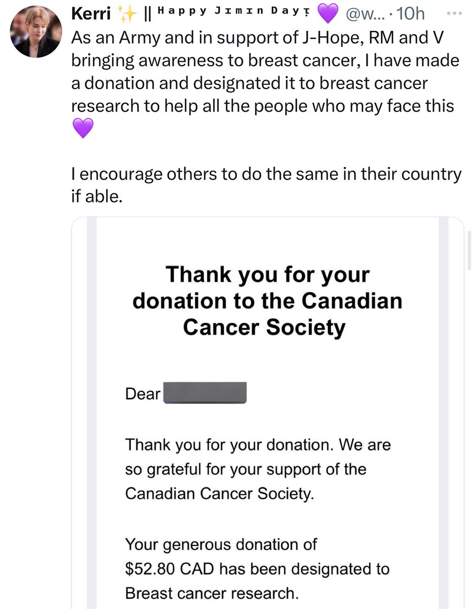 btschartsdailyc's tweet image. [NEWS] International ARMYs in support of J-Hope, RM, and V bringing awareness to breast cancer have made a donations in their countries💜