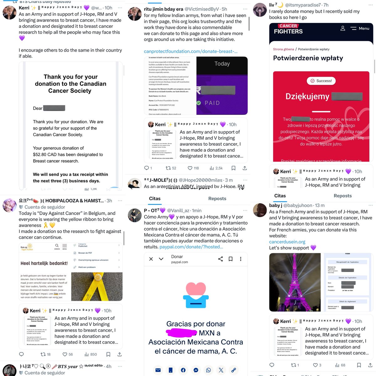 btschartsdailyc's tweet image. [NEWS] International ARMYs in support of J-Hope, RM, and V bringing awareness to breast cancer have made a donations in their countries💜