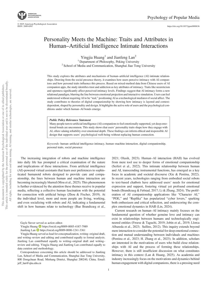 jianfeng_lan's tweet image. Publication Alert 🚨🚨🚨 @APA_Journals
Do you "love" your AI companion? 🤔 our @KelsieHuang latest research on Psychology of Popular Media finds users high in Neuroticism & Openness are more likely to perceive #intimacy with their #AI.
read more: doi.org/10.1037/ppm000…