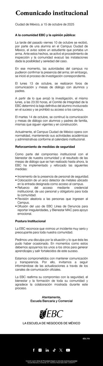 El lunes vecinos de #ColoniaJuarez solicitamos a través de redes sociales una reunión con el Rector o autoridades de <a href="/LaEBC/">EBC</a> para conocer cómo iban a garantizar la seguridad de sus alumnos y nuestra comunidad donde tienen sus sedes. Hoy recibimos en respuesta este comunicado: