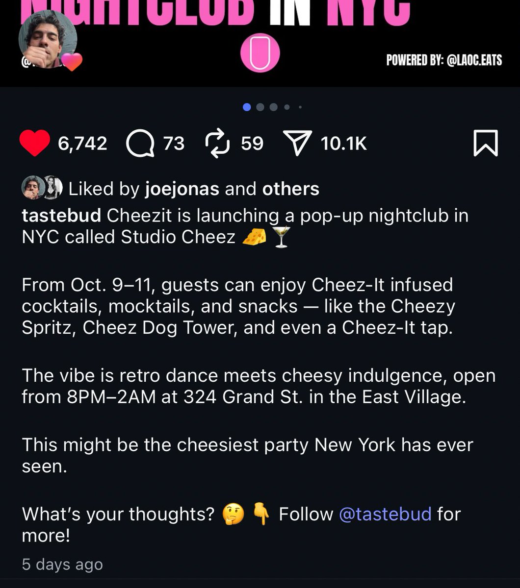 This event has already passed but I love how Joe liked this post lol

A Cheez-It Nightclub?!?! SIGN ME UP that’s like one of my favorite snacks 😋