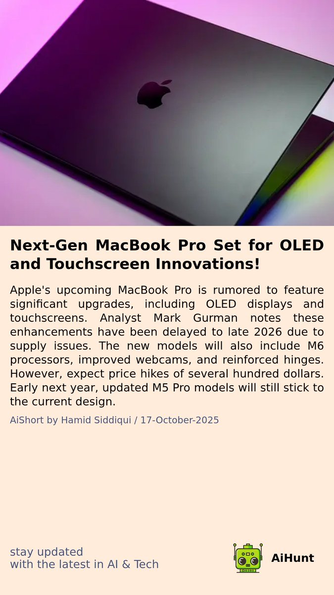 aihuntapp's tweet image. 🚨 Big changes are coming to the MacBook Pro, but you&apos;ll have to wait! Delays have pushed significant upgrades to late 2026. What features are we talking about? One upgrade might shock you! Stay tuned! 💻 #TechRumors #MacBookPro